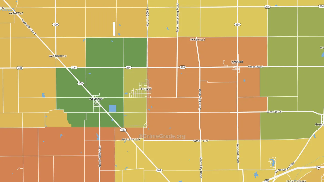 Shirley, IN Map of Robbery Rates