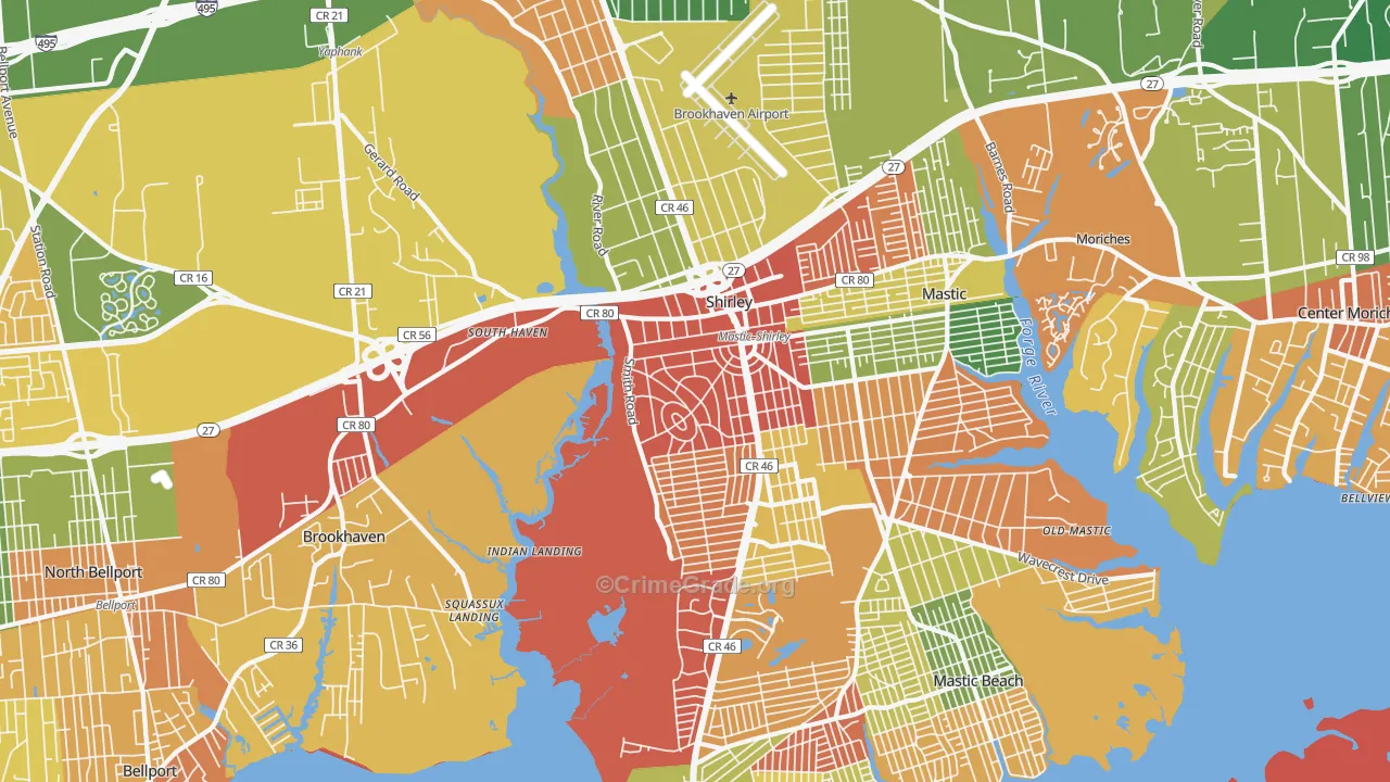 Shirley, NY Map of Robbery Rates