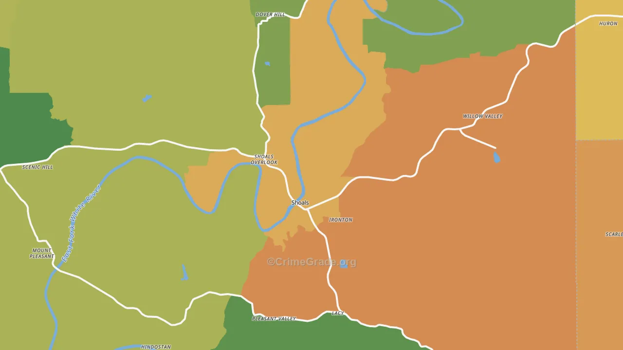 Shoals, IN Map of Robbery Rates