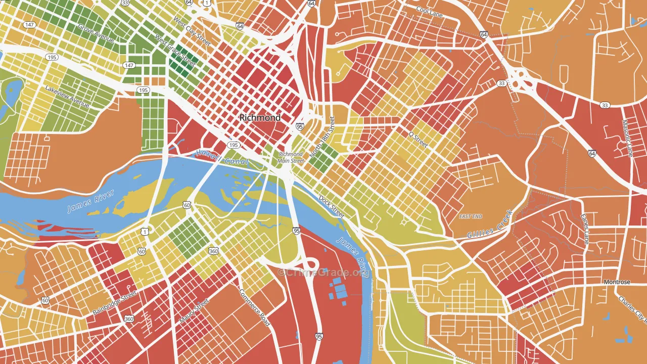 Shockoe Bottom, Richmond, VA Map of Robbery Rates