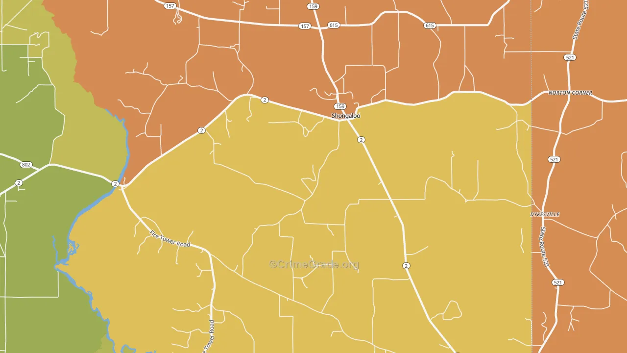 Shongaloo, LA Map of Robbery Rates