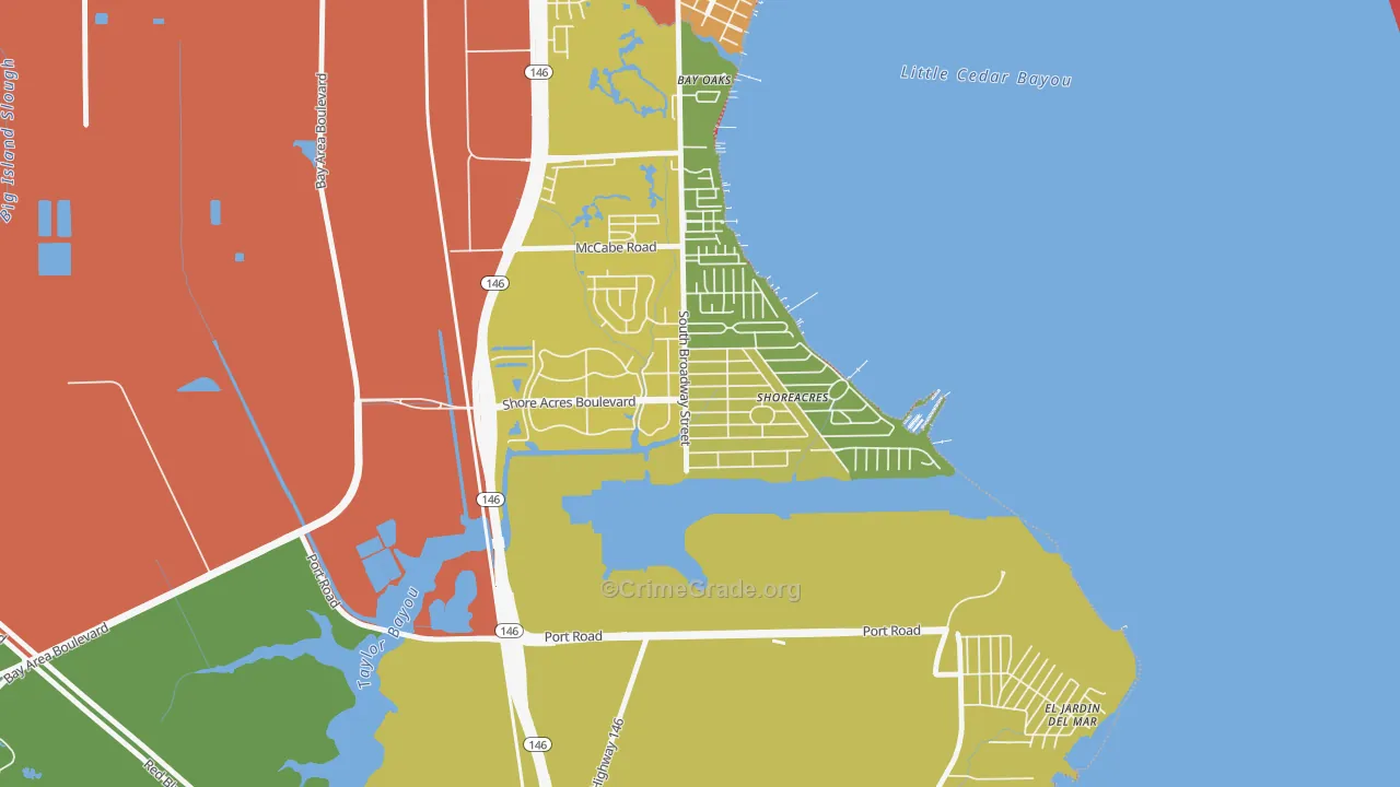 Shoreacres, TX Map of Robbery Rates