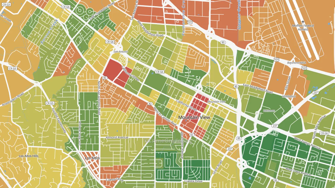 Shoreline West, Mountain View, CA Map of Robbery Rates