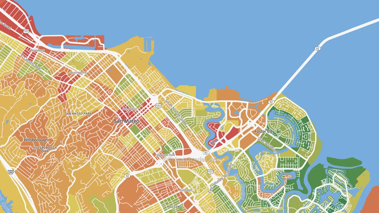 Shoreview, San Mateo, CA Map of Robbery Rates