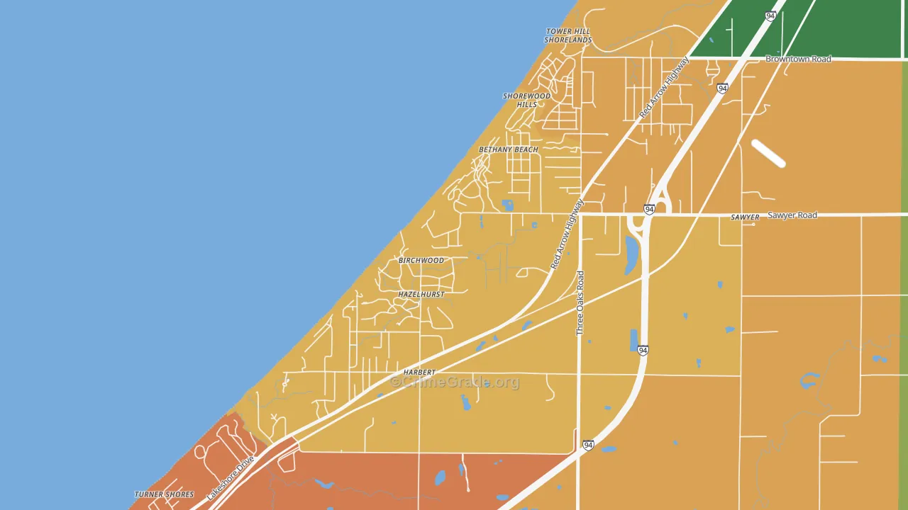 Shorewood-Tower Hills-Harbert, MI Map of Robbery Rates