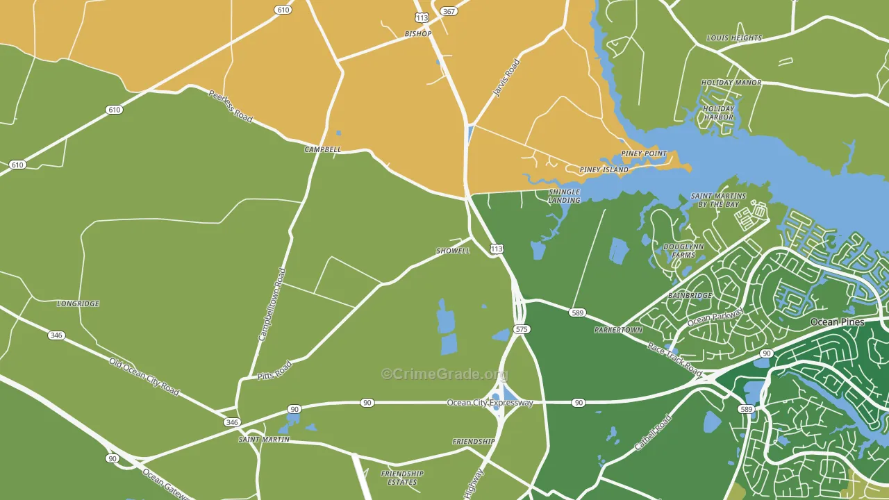 Showell, MD Map of Robbery Rates