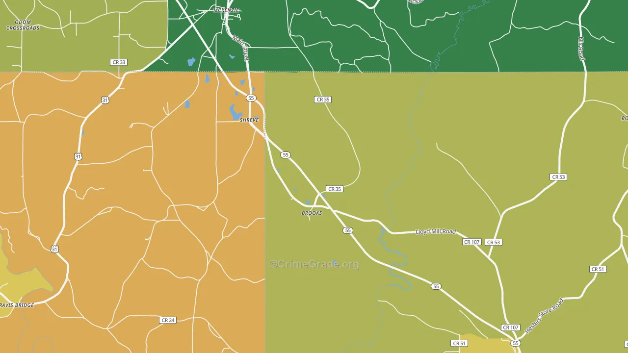 Shreve, AL Map of Robbery Rates