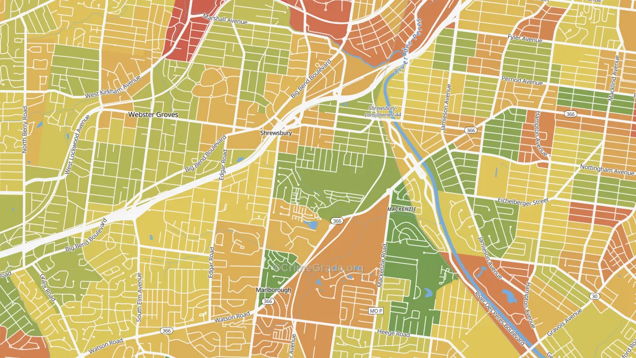 Shrewsbury, MO Map of Robbery Rates