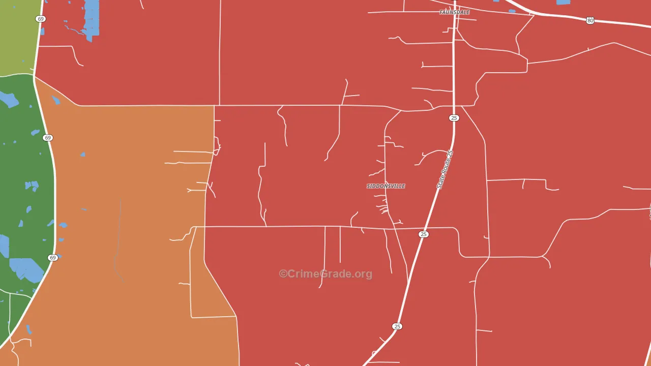 Siddonsville, AL Map of Robbery Rates