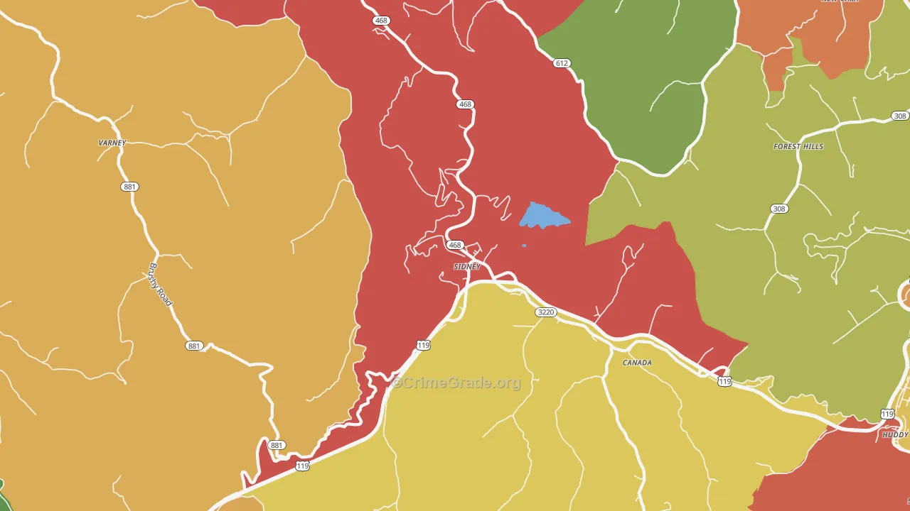 Sidney, KY Map of Robbery Rates