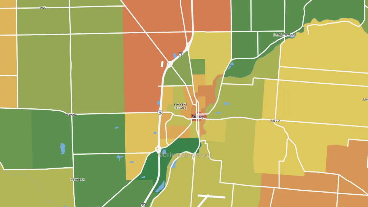 Sidney, OH Map of Robbery Rates