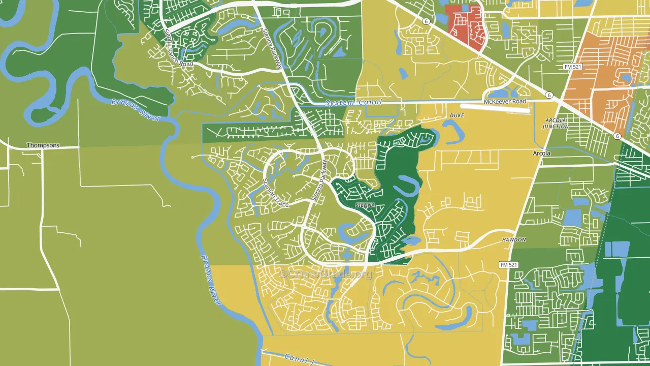 Sienna Plantation, TX Map of Robbery Rates