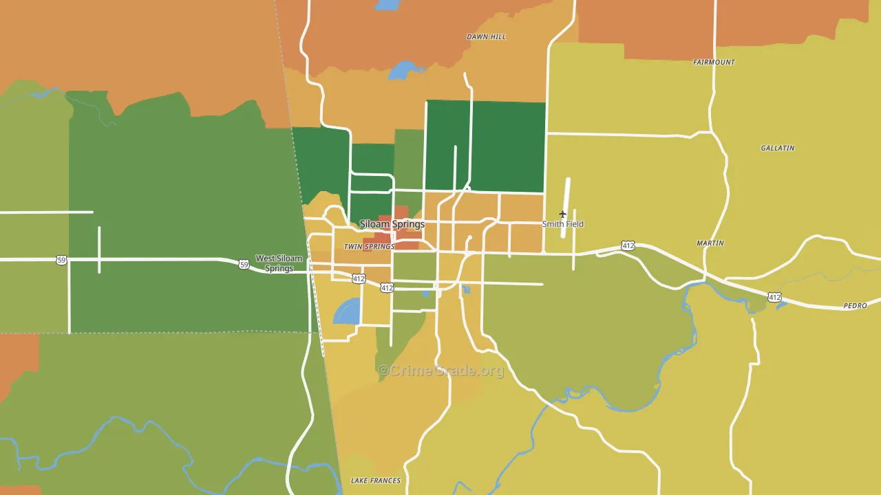 Siloam Springs, AR Map of Robbery Rates