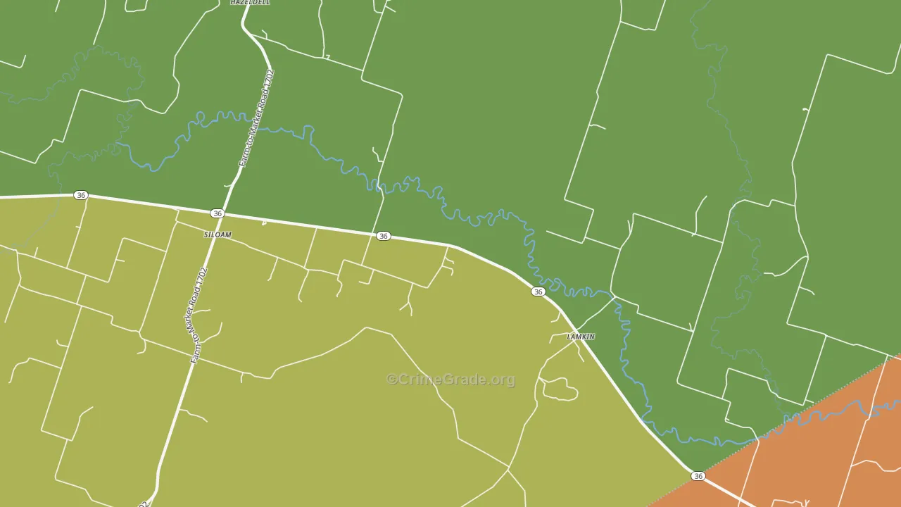 Siloam, TX Map of Robbery Rates