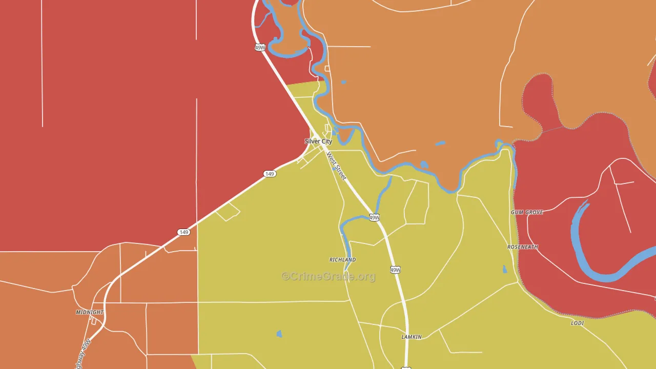 Silver City, MS Map of Robbery Rates