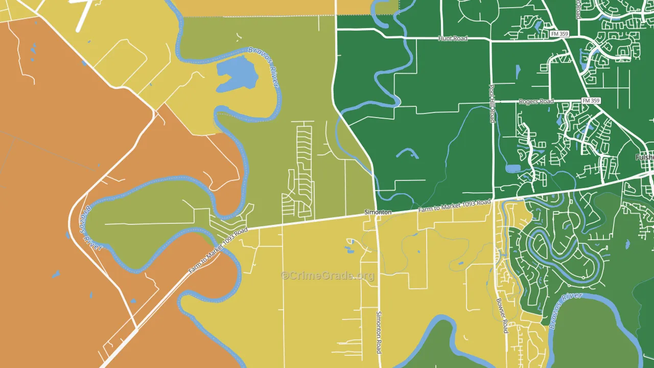 Simonton, TX Map of Robbery Rates
