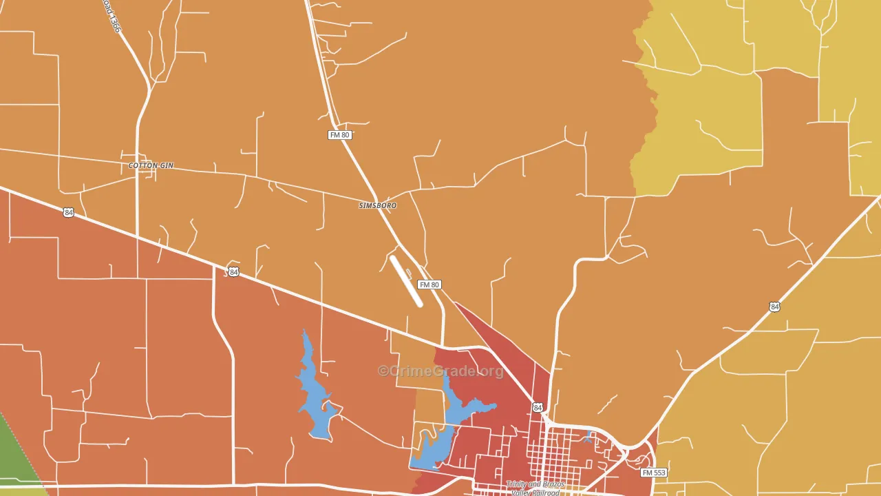 Simsboro, TX Map of Robbery Rates