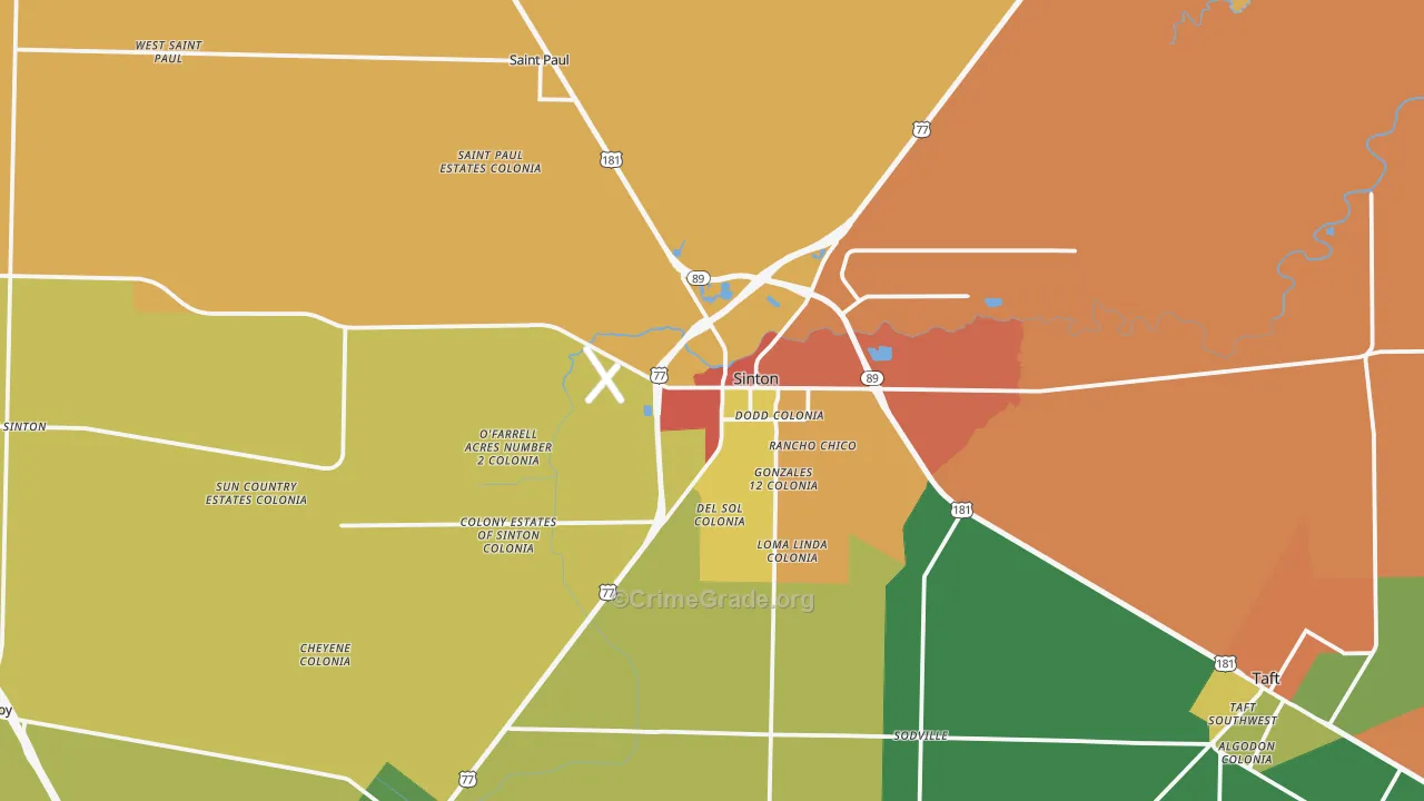 Sinton, TX Map of Robbery Rates