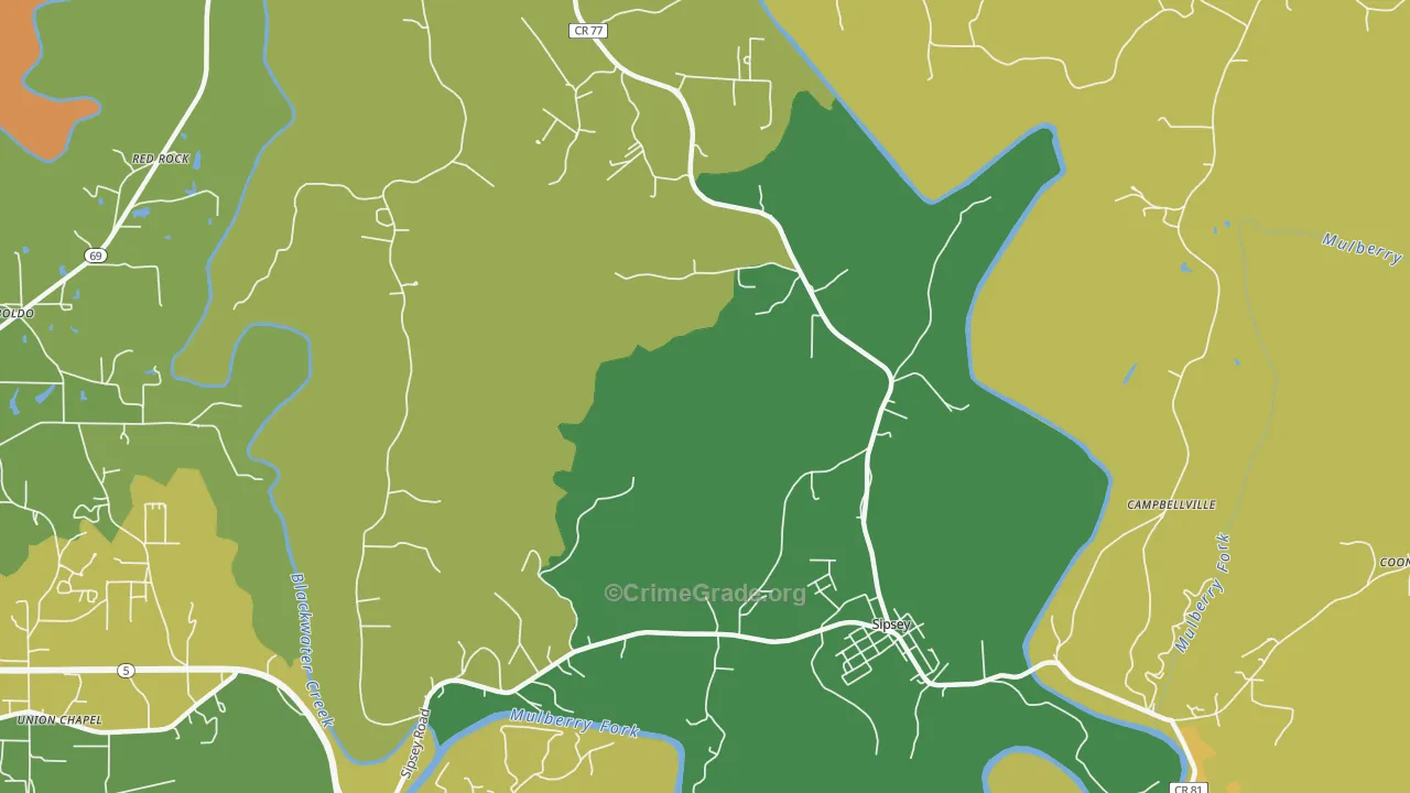 Sipsey, AL Map of Robbery Rates