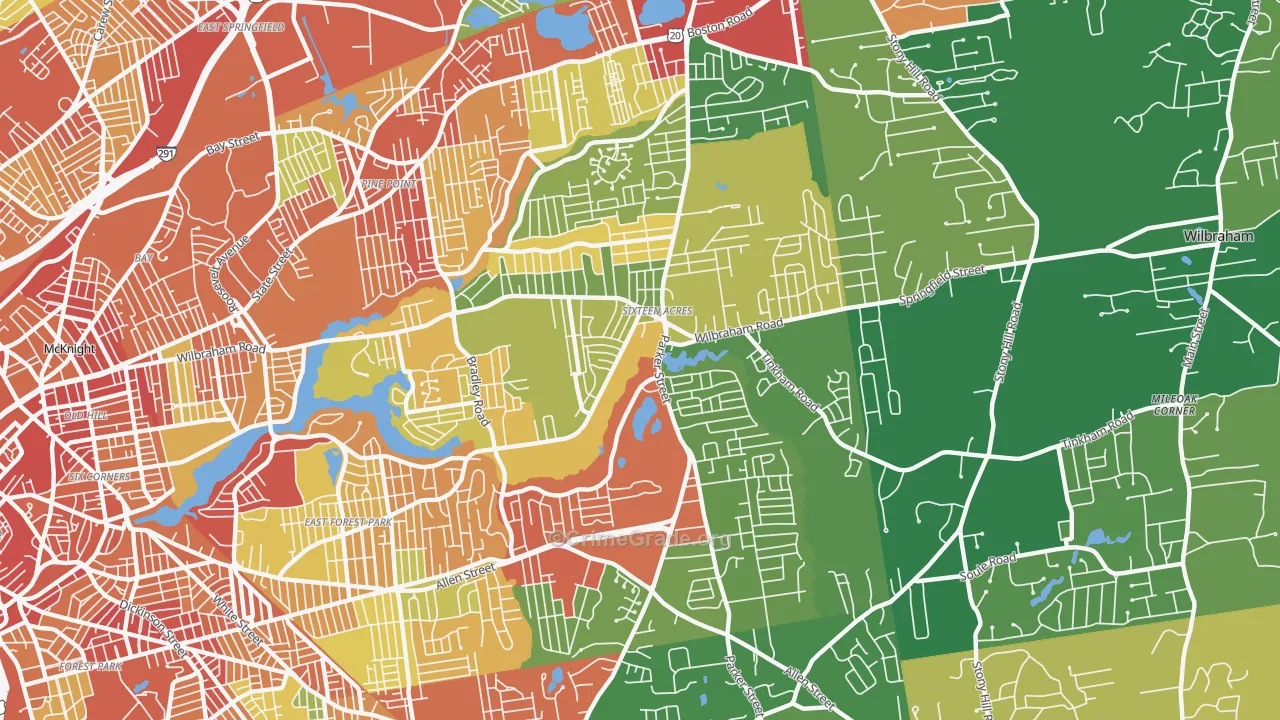 Sixteen Acres, Springfield, MA Map of Robbery Rates