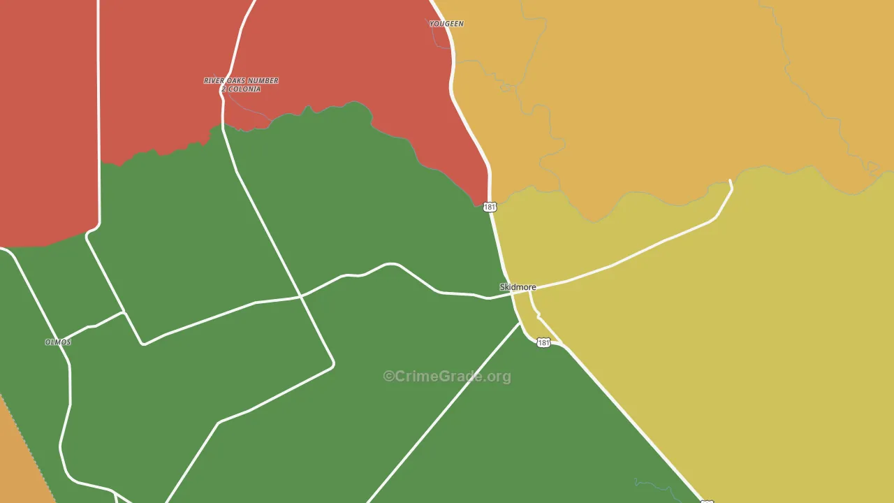 Skidmore, TX Map of Robbery Rates