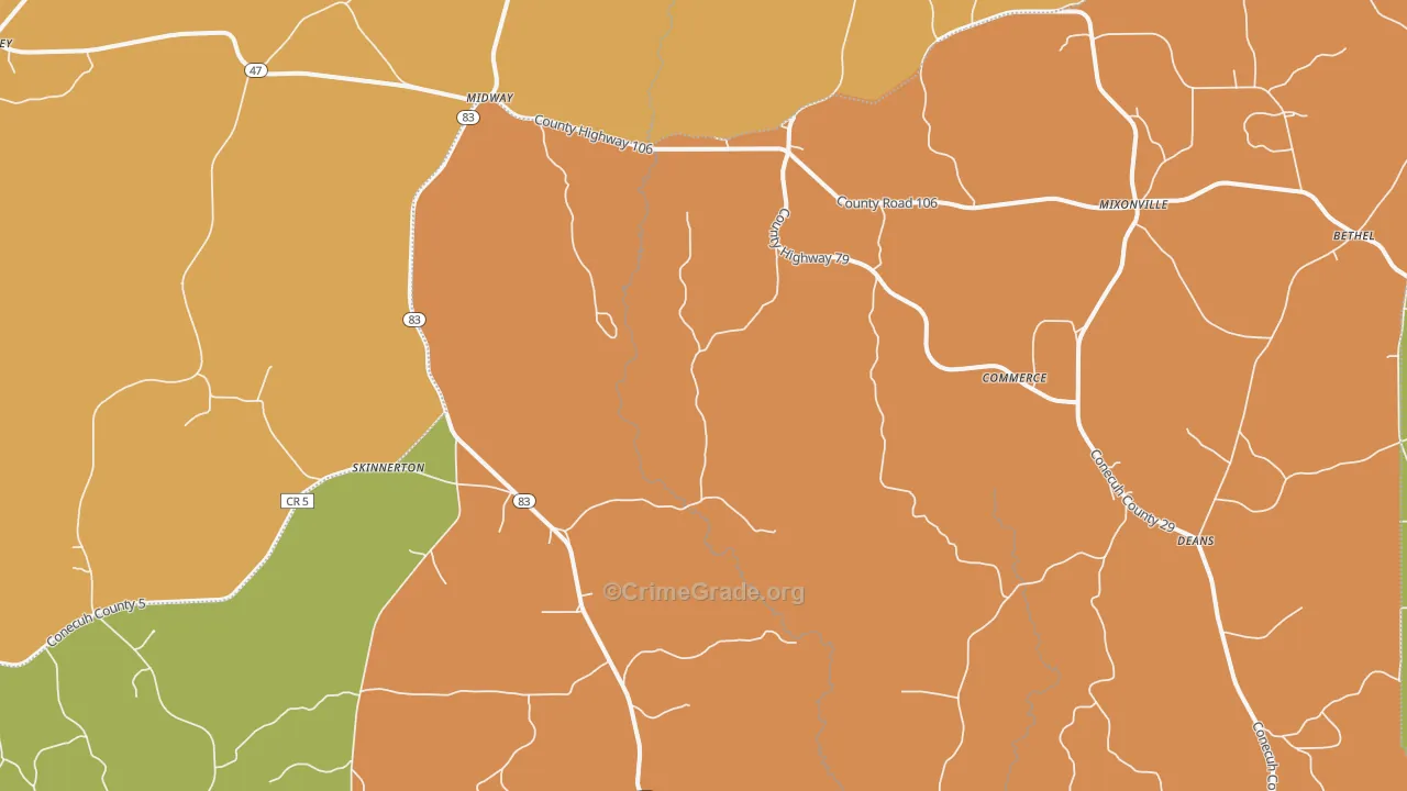 Skinnerton, AL Map of Robbery Rates