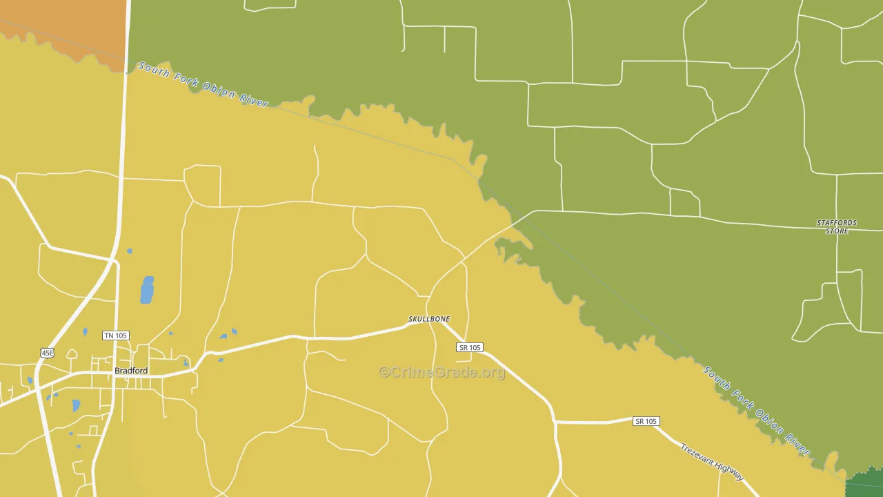 Skullbone, TN Map of Robbery Rates