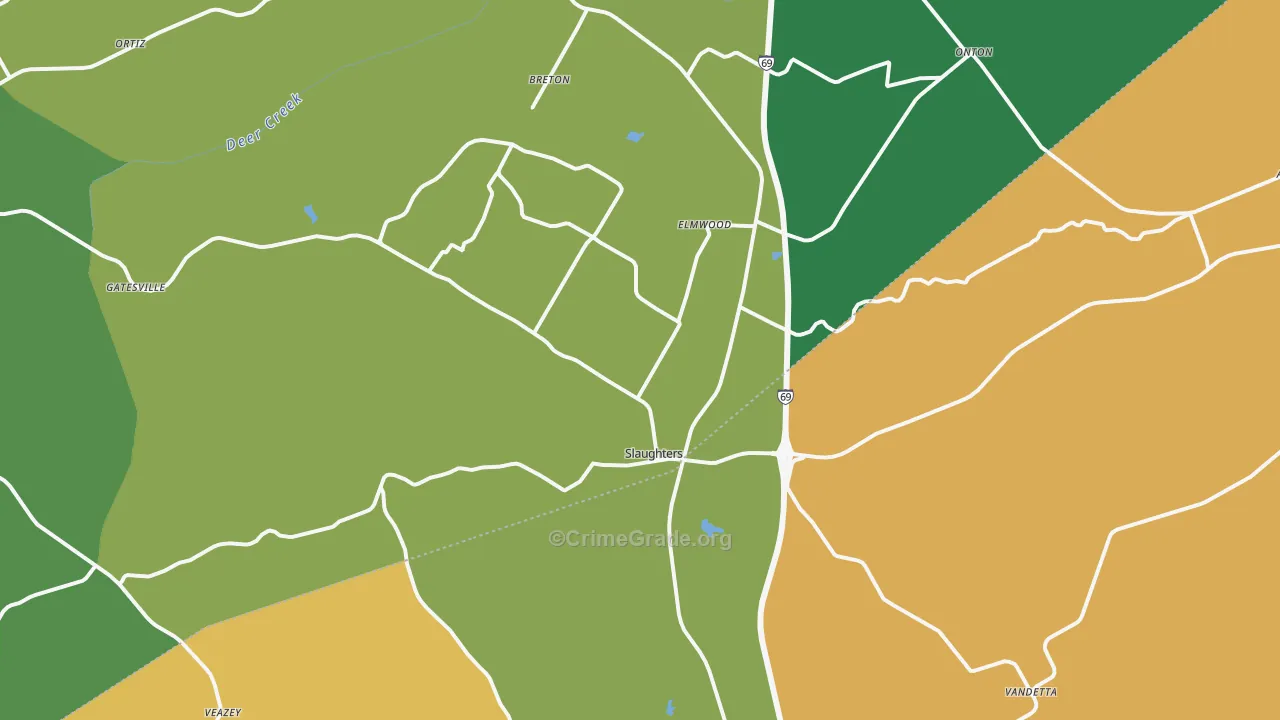 Slaughters, KY Map of Robbery Rates