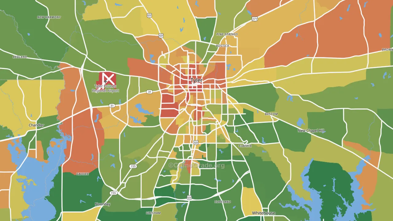 Smith County, TX Map of Robbery Rates