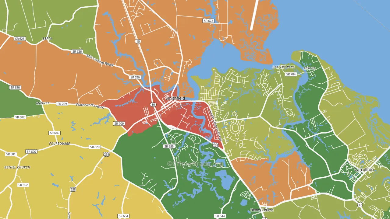 Smithfield, VA Map of Robbery Rates