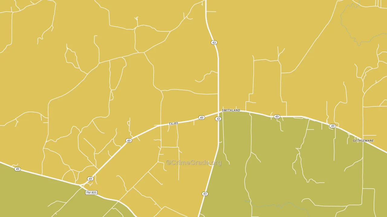 Smithland, TX Map of Robbery Rates