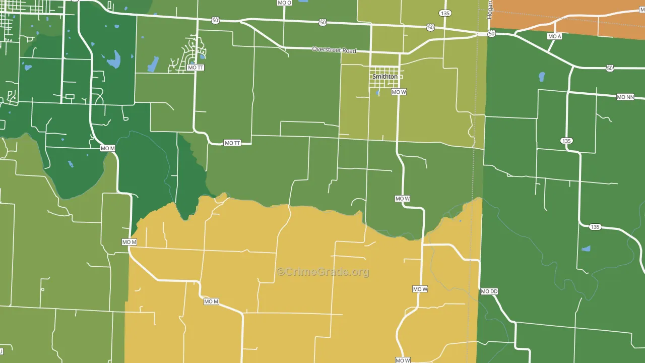 Smithton, MO Map of Robbery Rates