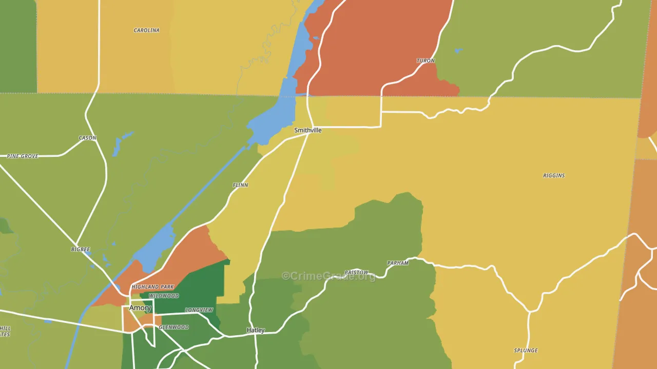 Smithville, MS Map of Robbery Rates
