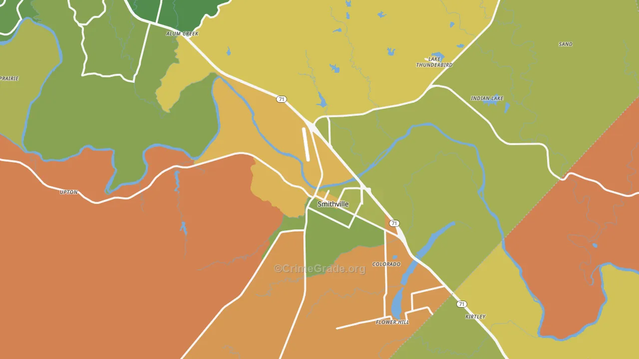 Smithville, TX Map of Robbery Rates