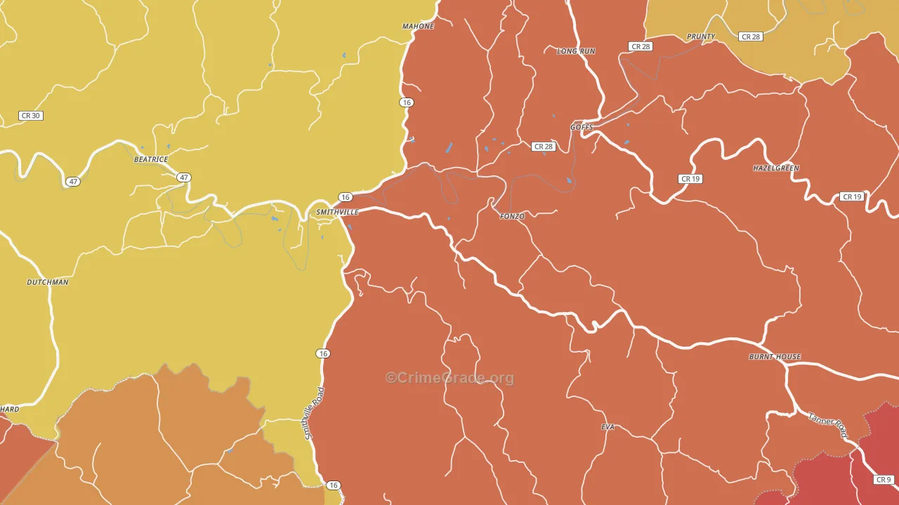 Smithville, WV Map of Robbery Rates