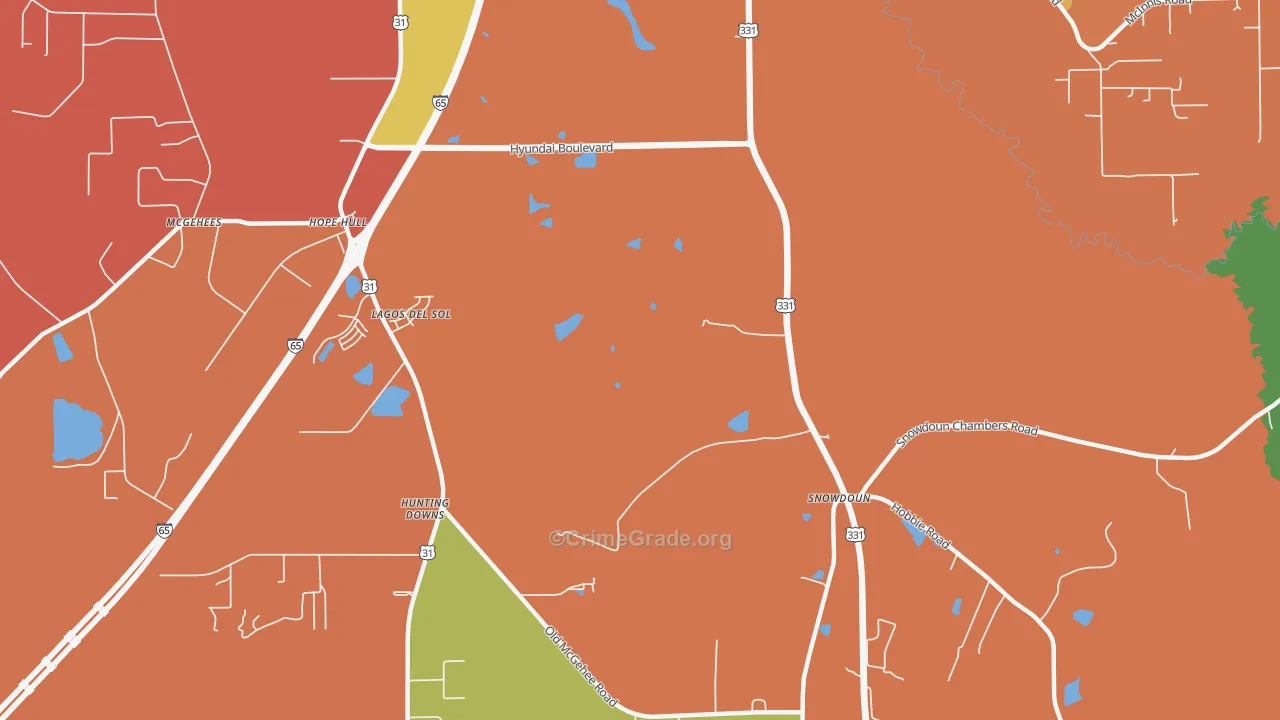 Snowdoun, AL Map of Robbery Rates