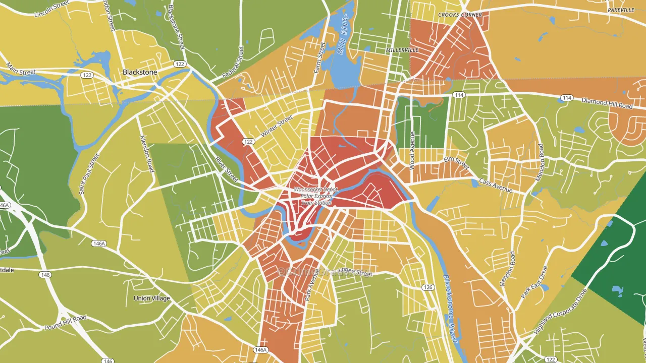 Social, Woonsocket, RI Map of Robbery Rates