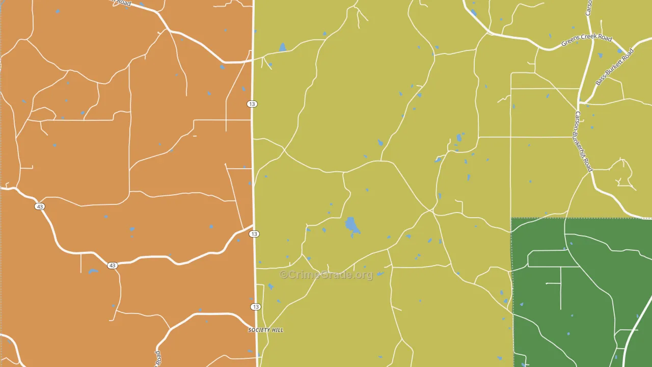 Society Hill, MS Map of Robbery Rates