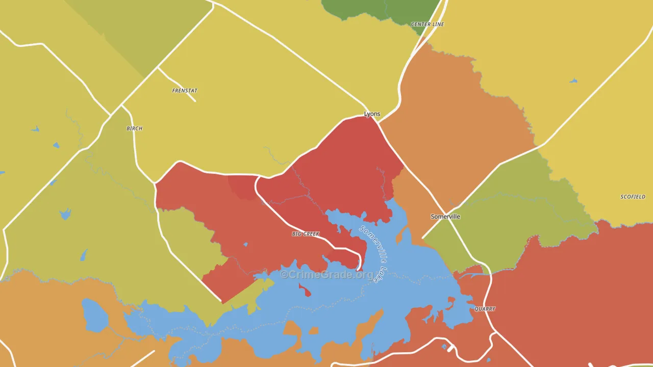 Somerville, TX Map of Robbery Rates