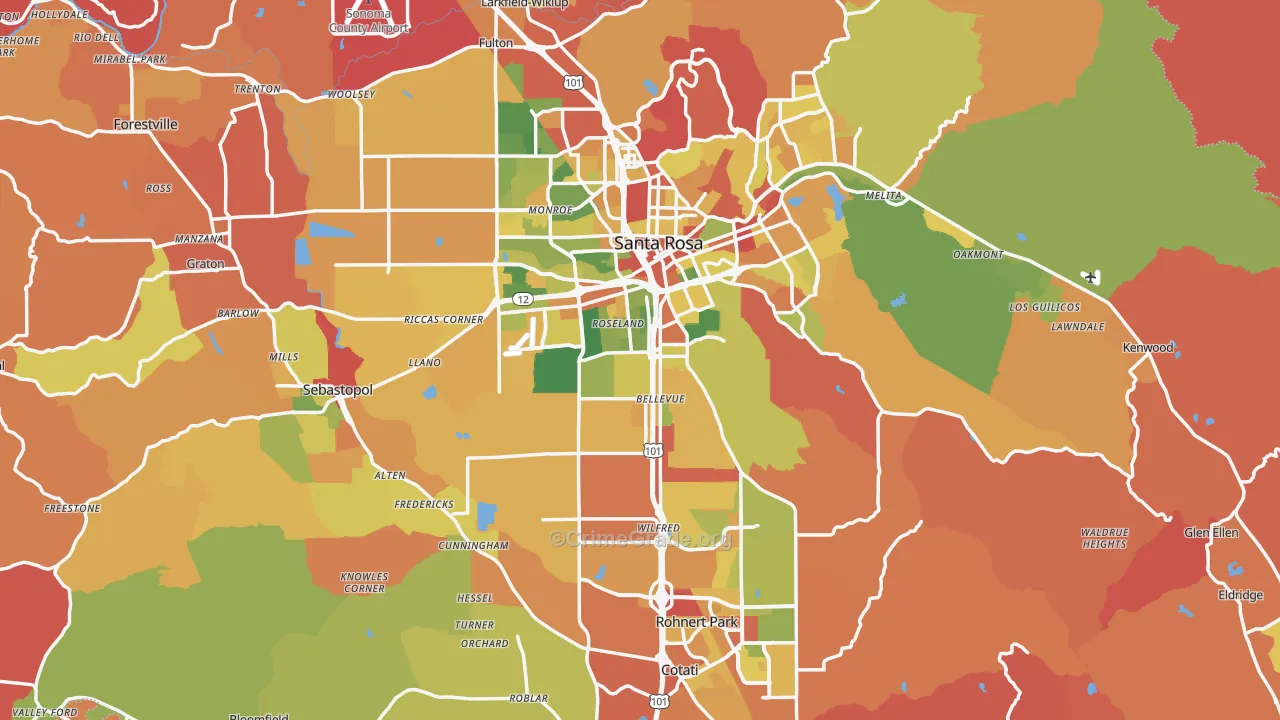Sonoma County, CA Map of Robbery Rates