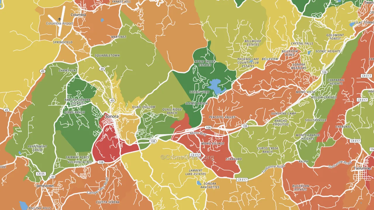 Sonora, CA Map of Robbery Rates