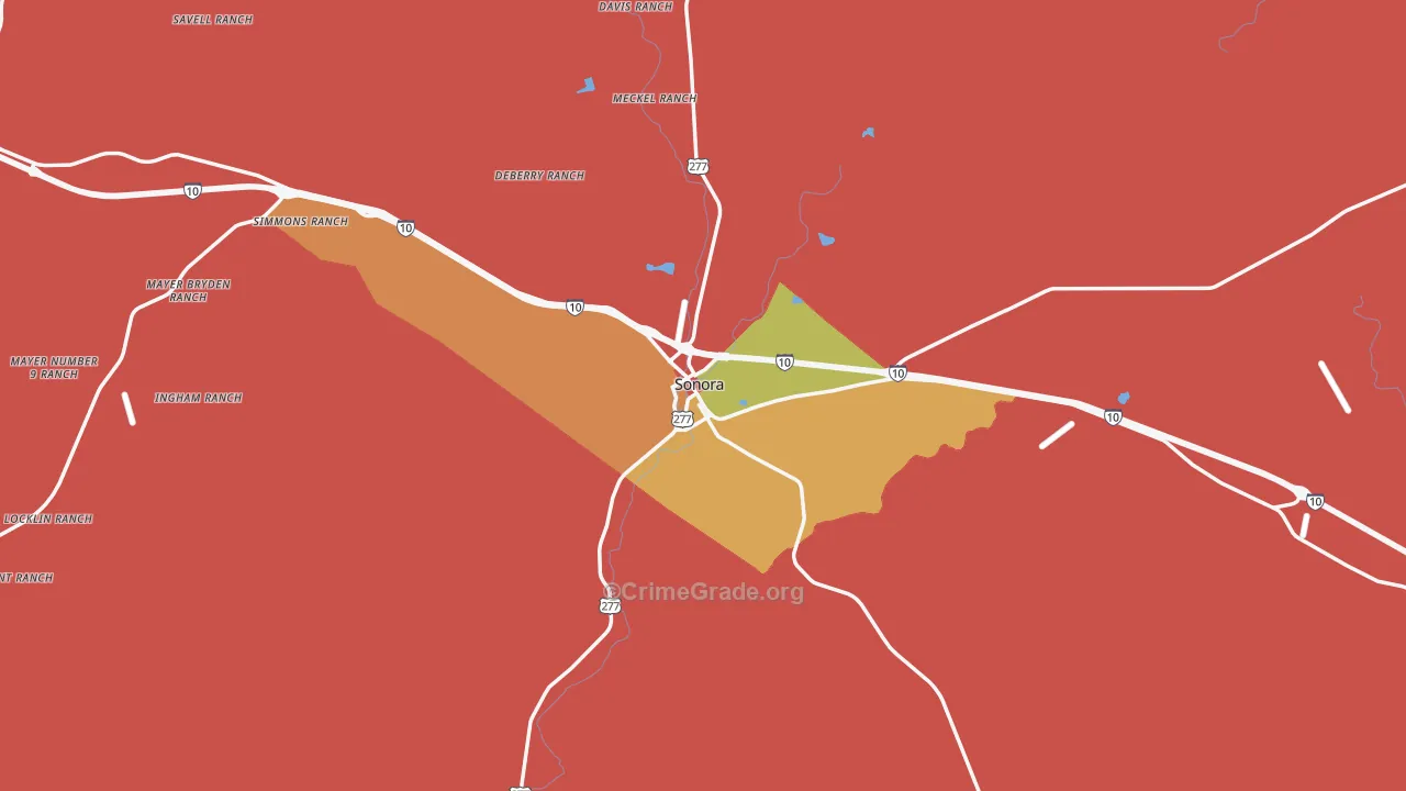 Sonora, TX Map of Robbery Rates