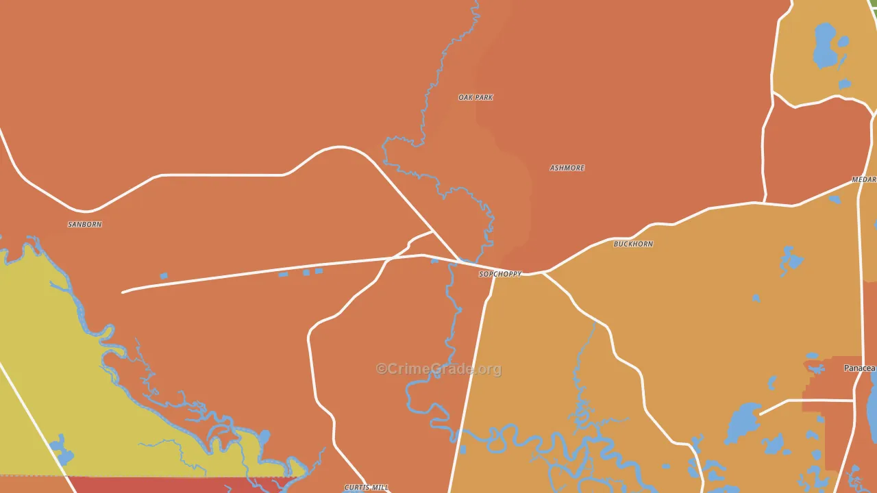 Sopchoppy, FL Map of Robbery Rates