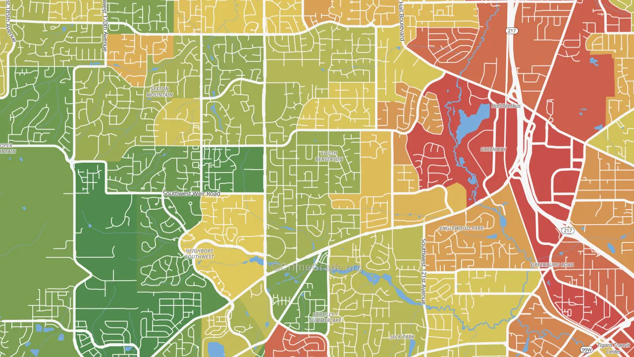 South Beaverton, Beaverton, OR Map of Robbery Rates