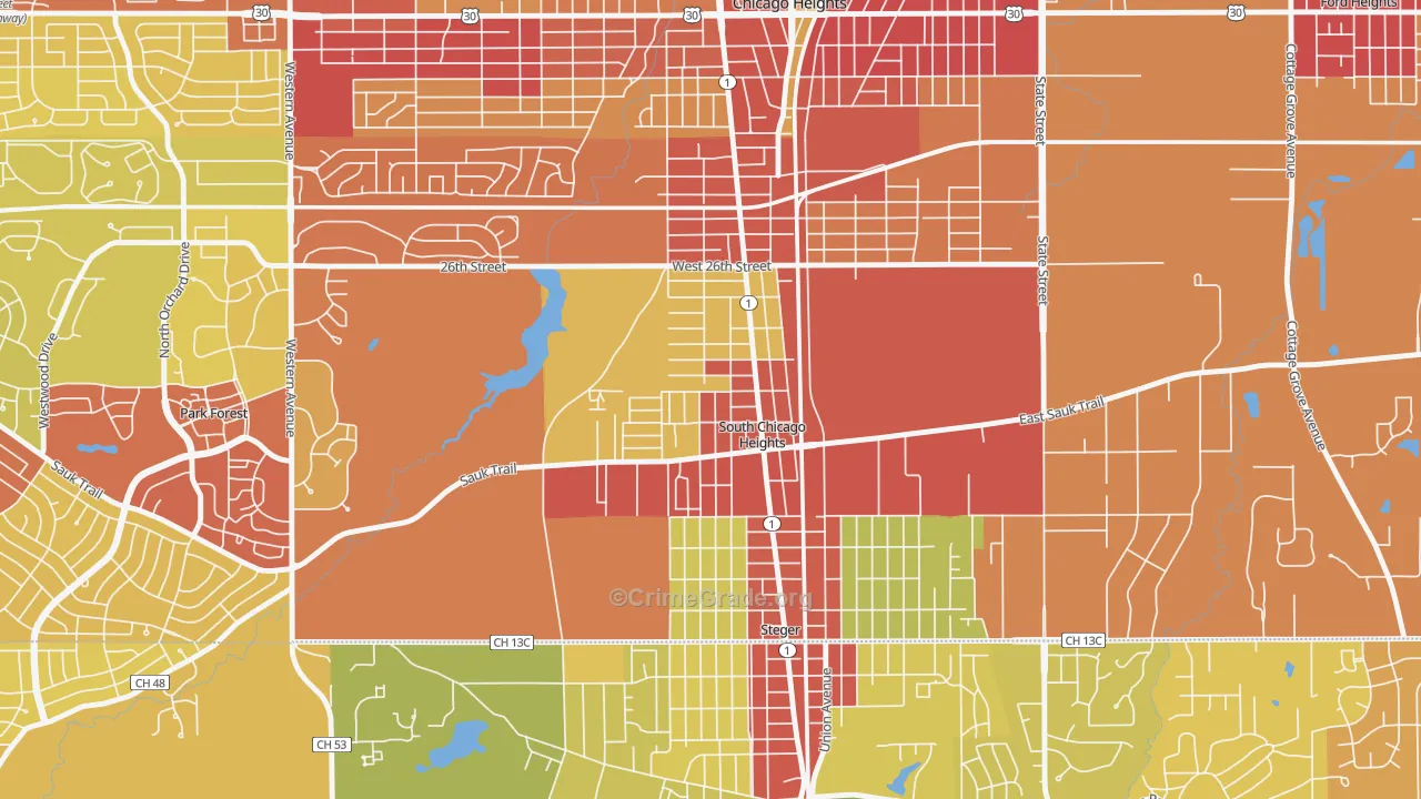 South Chicago Heights, IL Map of Robbery Rates