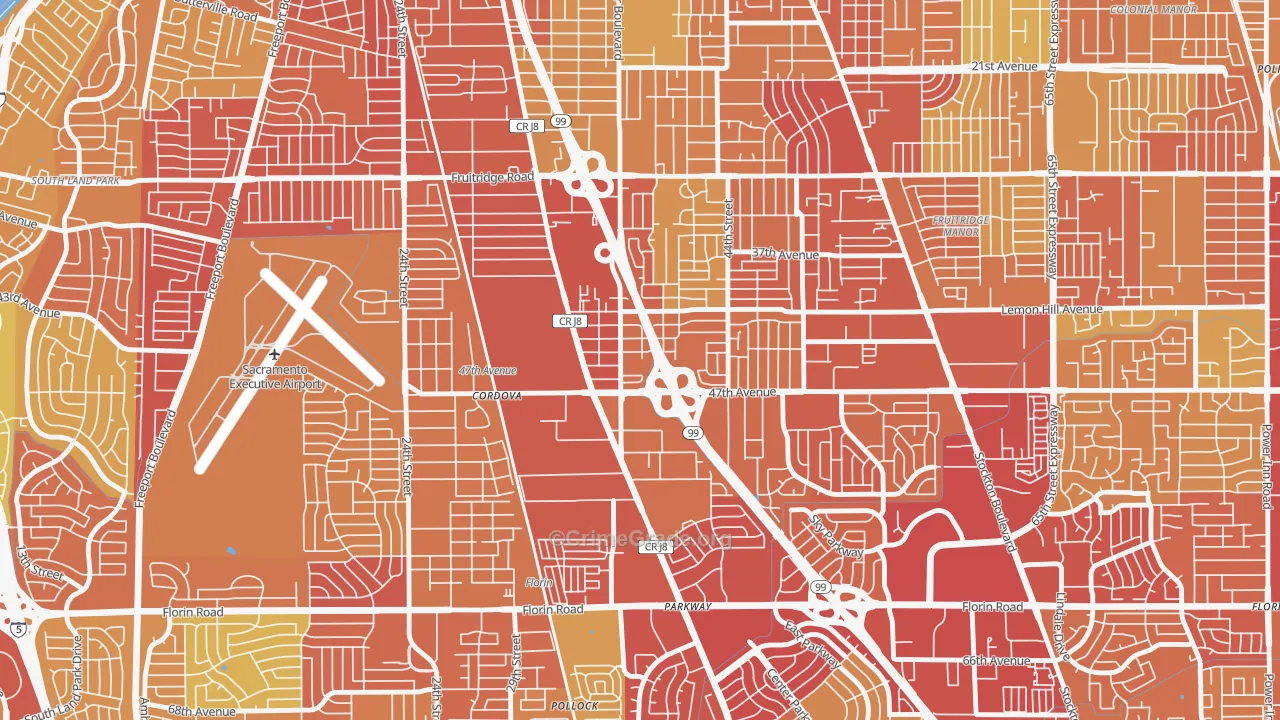 South City Farms, Sacramento, CA Map of Robbery Rates