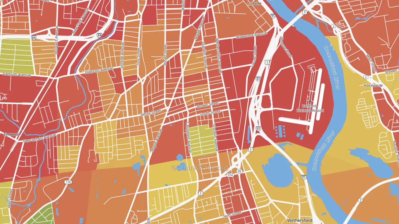 South End Hartford, Hartford, CT Map of Robbery Rates