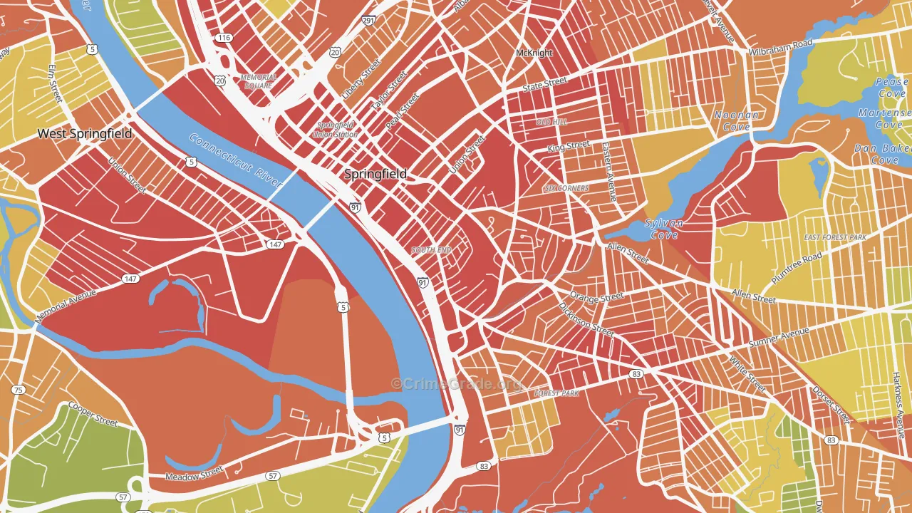 South End Springfield, Springfield, MA Map of Robbery Rates