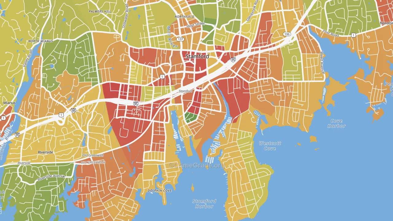 South End Stamford, Stamford, CT Map of Robbery Rates