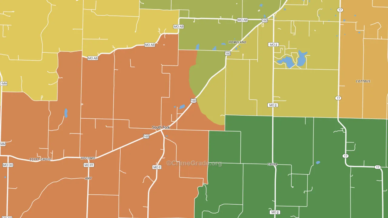 South Fork, MO Map of Robbery Rates